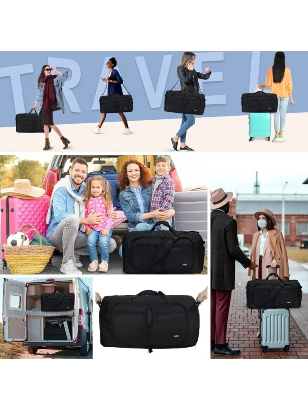 Large 65L Foldable Duffle Bag with Shoe Compartment, Water-Resistant Travel Bag